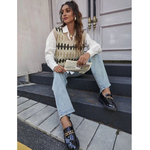 Vintage Preppy Argyle Oversized Teddy Sweater Vest Dark Light Academia Aesthetic - Picture 12 of 13